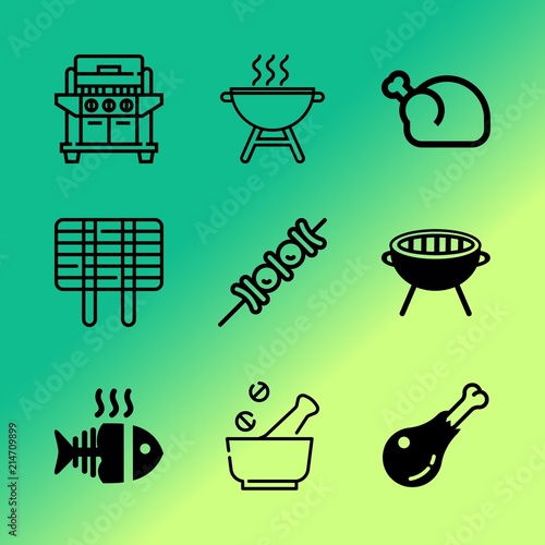 Vector icon set about barbecue with 9 icons related to bbq, american, cut, pork, sweet, eat, cooking, rooster, agriculture and garden