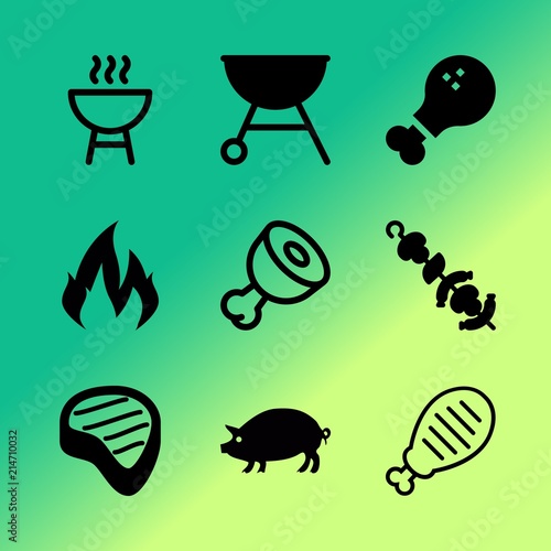 Vector icon set about barbecue with 9 icons related to above, cook, charcoal, brown, light, preparation, legs, coals, tasty and tenderloin