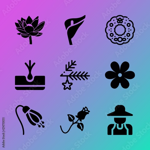 Vector icon set about flowers with 9 icons related to group, bright, forest, root, birthday, tuberous, metal, branch, sunlight and grow