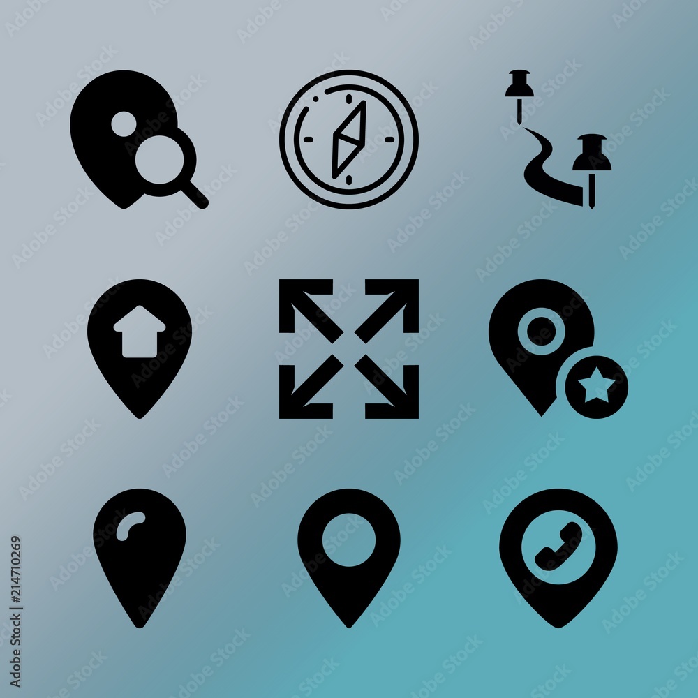 Vector icon set about location with 9 icons related to distance, exploration, push, south, illustration, internet, pointing, blank, display and pins Vector icon set about location with 9 icons related to distance, exploration, push, south, illustration, internet, pointing, blank, display and pins