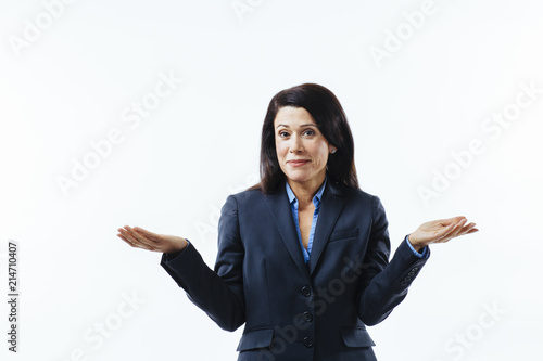 It's simple! Smiling business woman with both hands out