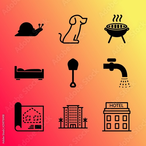 Vector icon set about home with 9 icons related to set, living, snail, shovel, work, cooking, clean, sausage, weekend and building