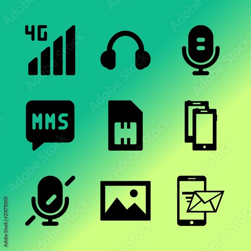 Vector icon set about mobile device with 9 icons related to social, element, off, frame, hand, mobile device, future, one, two smartphones and logotype