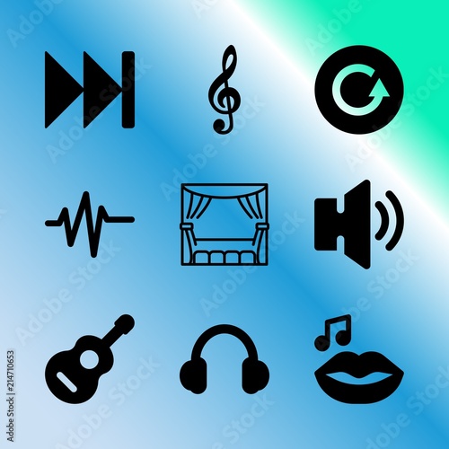 Vector icon set about music player with 9 icons related to ink, sheet, earpieces, device, illustration, record, frequency, drawn, right and color