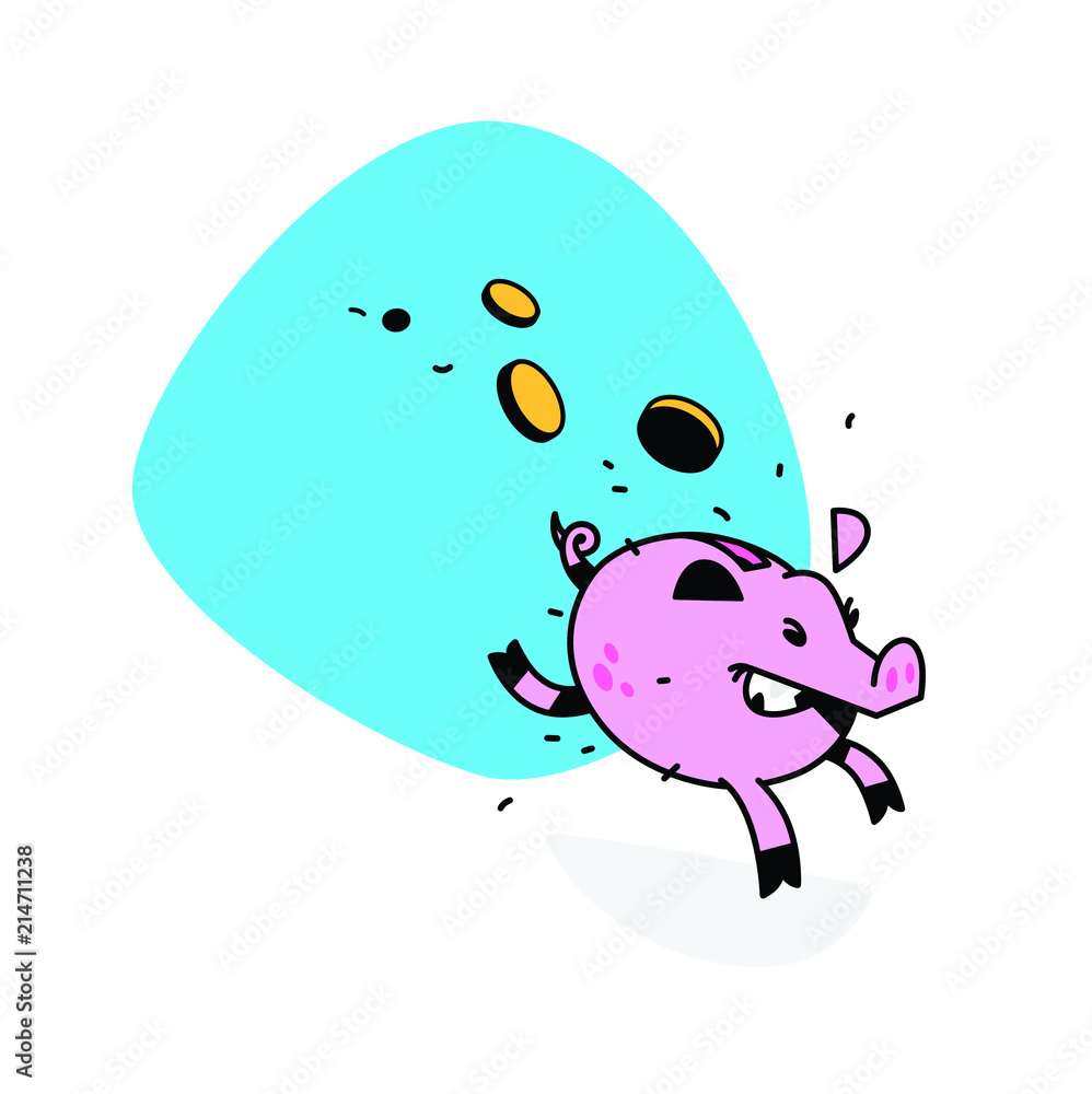 Naklejka premium Illustration of piggy bank. Vector illustration. Image is isolated on white background. Running pig with coins. In pursuit of profit. Easy Money. Spending money in the empty. Mascot company. Finance.