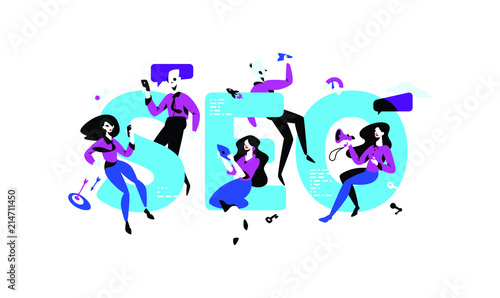 Illustration of Seo Specialists. Vector flat illustration. Employees in the office  around the inscription. Image is isolated on white background. PR specialists  advertisers. Banner for website and p