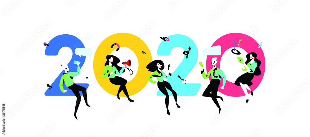 Illustration inscription 2020 New Year in the office. Vector illustration. Employees around the inscription. Image is isolated on white background. PR specialists celebrate. Banner of the New Year and