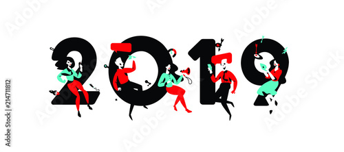 Illustration of the New Year 2019. Vector illustration. Employees around the inscription. Image is isolated on white background. Advertising, developers meet in 2019. Calendar of the New Year and Chri