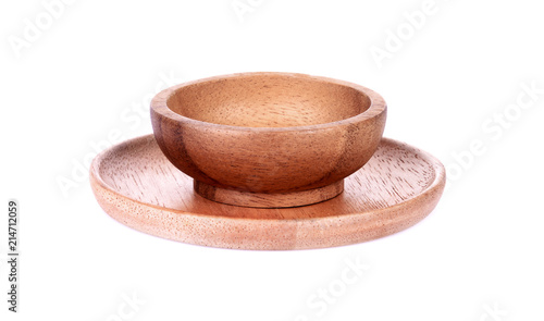 wooden plate and bowl on white background