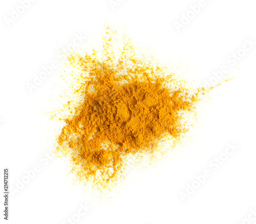 Turmeric (Curcuma) powder pile isolated on white background, top view.