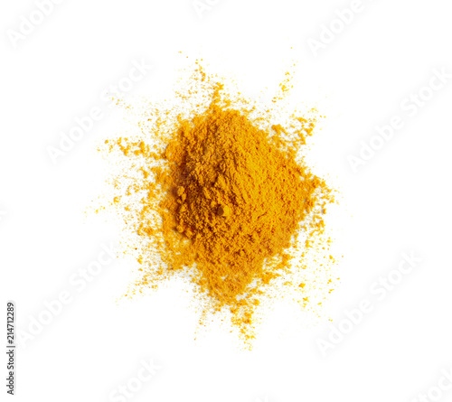 Turmeric (Curcuma) powder pile isolated on white background, top view.