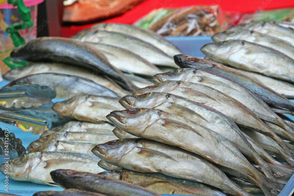 Salted mackerel pile on table in local market Salted mackerel pile on table in local market