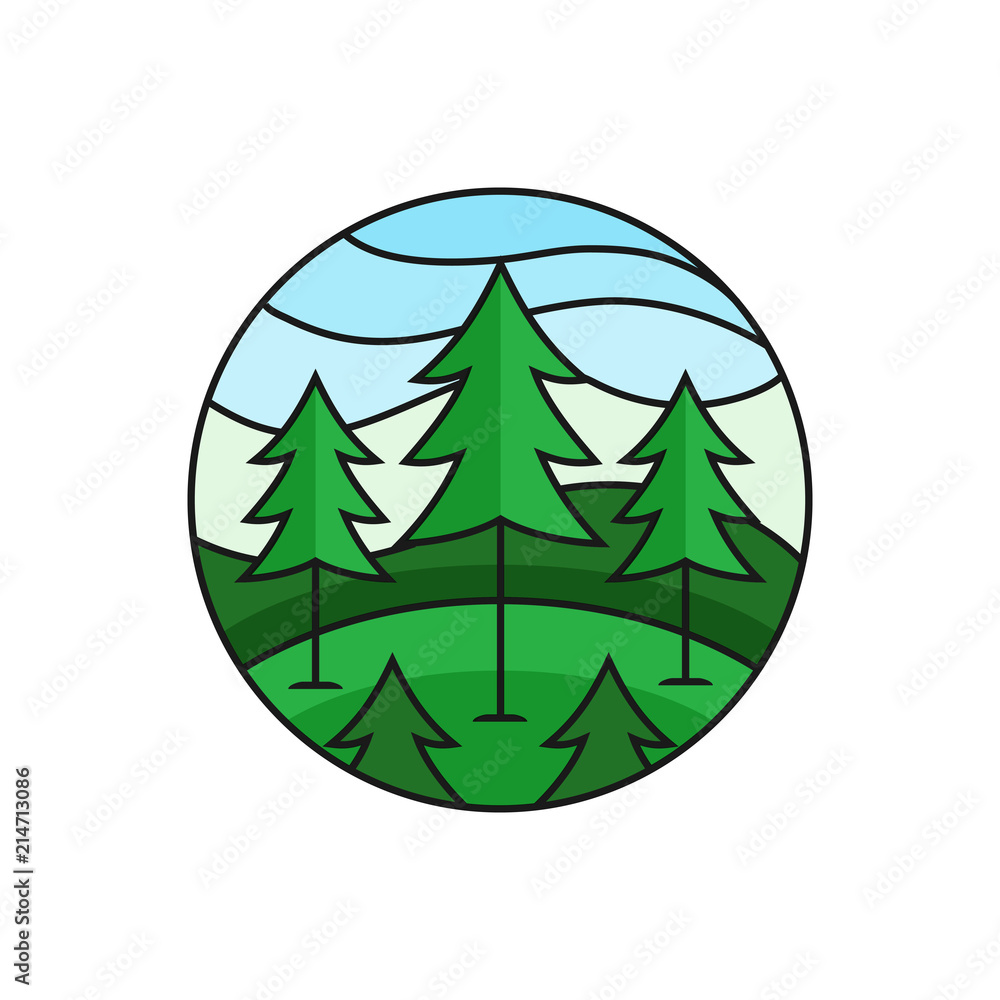 Pine forest logo badge. pine tree illustration with circle frame for forest outdoor activity concept. simple flat cartoon style vector design. Pine forest logo badge. pine tree illustration with circle frame for forest outdoor activity concept. simple flat cartoon style vector design.