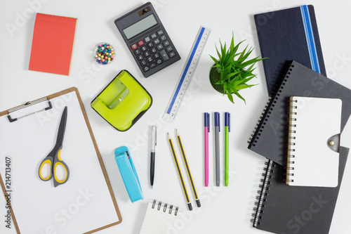 Multiple stationery items for office and school. Top view flat lay of office supply.