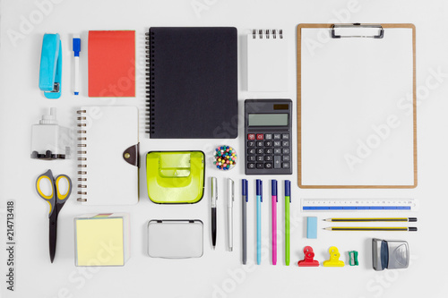 Multiple stationery items for office and school. Top view flat lay of office supply with copy space.