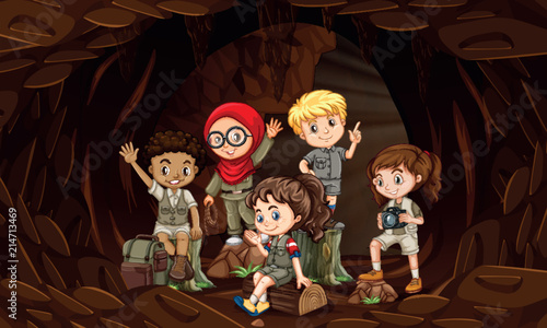 A group of interational kids in cave