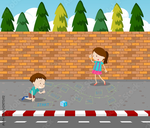 Children drawing game on footpath