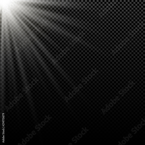 White light effect on dark background. Bright rays. Magic explosion. Sunlight effect. Vector illustration