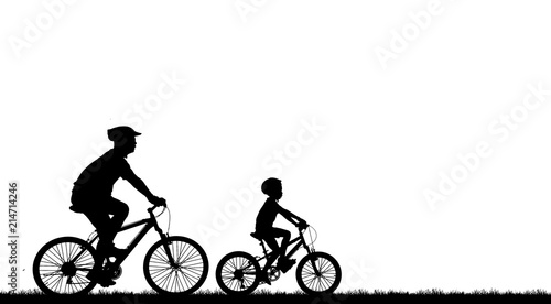 silhouette Father and son riding bicycle on white background