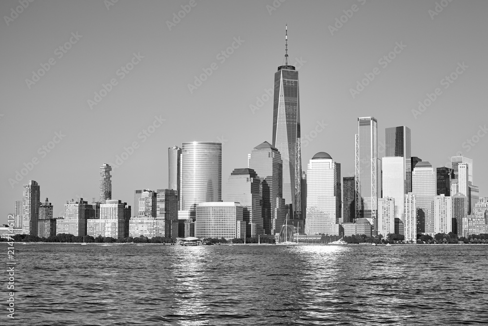 Black and white picture of Manhattan seen from New Jersey at sunset, New York City, USA.