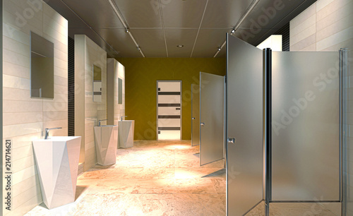 Toilette per uomo con orinatoio, wc, rendering 3d, bagni pubblici, illustrazione 3d
