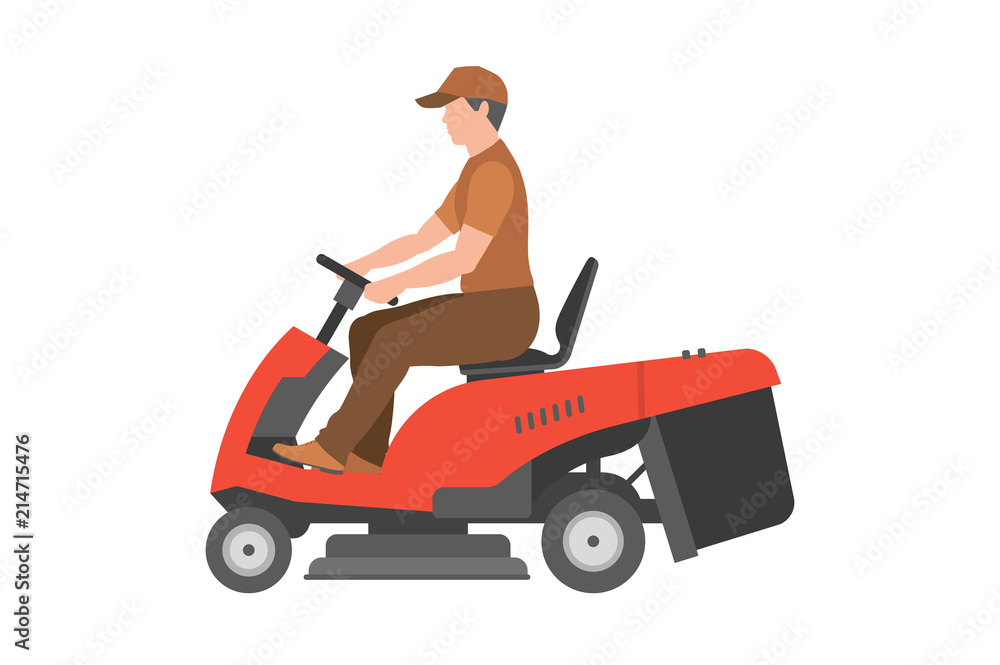 Man with red lawnmower. flat style. isolated on white background