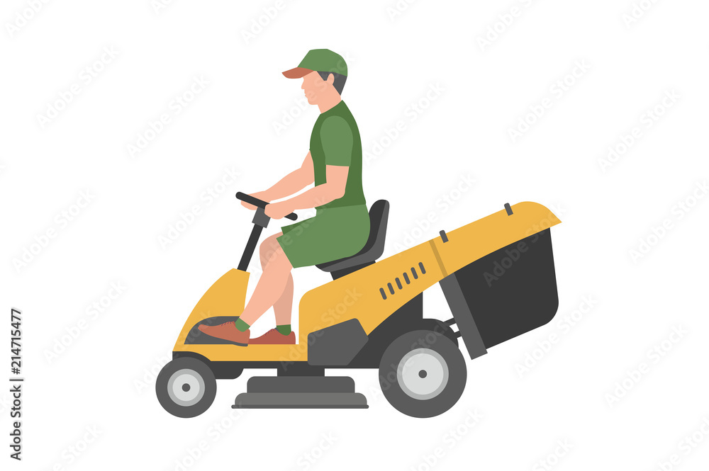 Man with yellow lawnmower. flat style. isolated on white background Man with yellow lawnmower. flat style. isolated on white background