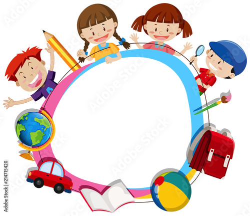 Children surroding a blank circle frame photo