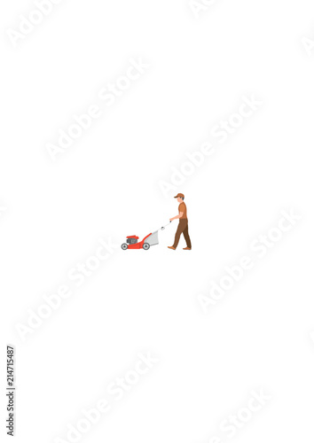 Man with red lawnmower. flat style. isolated on white background