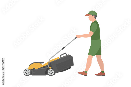 Man with yellow lawnmower. flat style. isolated on white background