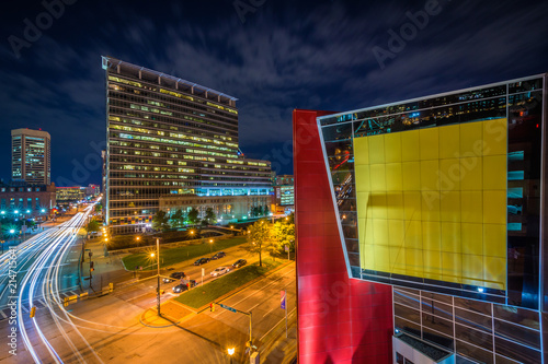 Night view of Pratt Street, in the Inner Harbor, Baltimore, Maryland photo