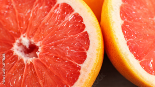 Closeup detail of pink grapefruit cut in half