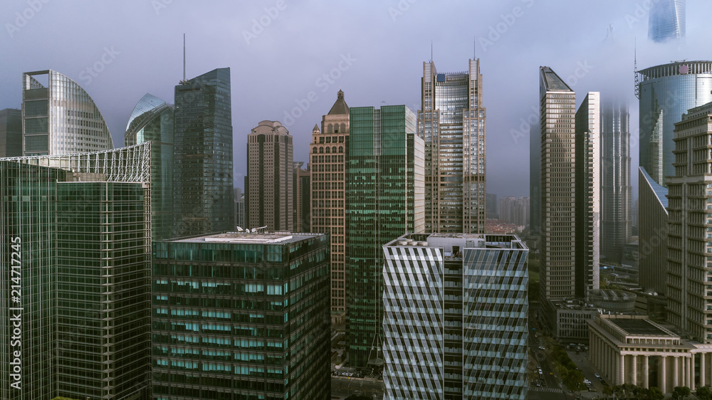 Fototapeta premium aerial view of Shanghai Landmark Building in fog
