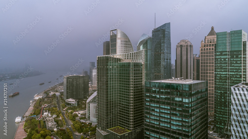 aerial view of Shanghai Landmark Building in fog