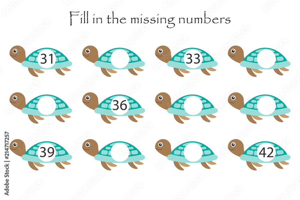 Fototapeta premium Game with turtles for children, fill in the missing numbers, middle level, education game for kids, school worksheet activity, task for the development of logical thinking, vector illustration