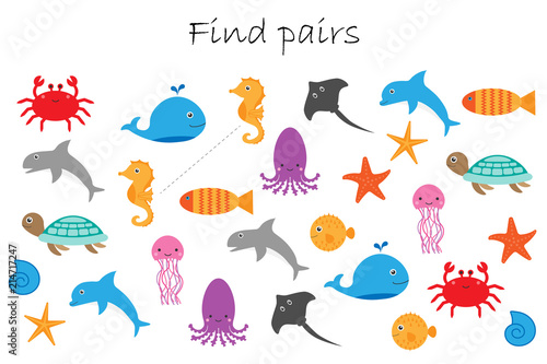 Find pairs of identical pictures, fun education game with different ocean animals for children, preschool worksheet activity for kids, task for the development of logical thinking, vector illustration