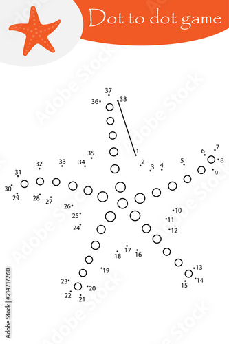 Starfish in cartoon style, dot to dot game, coloring page, education numbers game for the development of children, kids preschool activity, printable worksheet, vector illustration