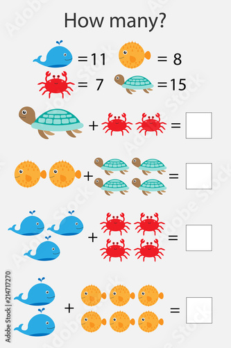 How many counting game with ocean animals for kids, educational maths task for the development of logical thinking, preschool worksheet activity, count and write the result, vector illustration