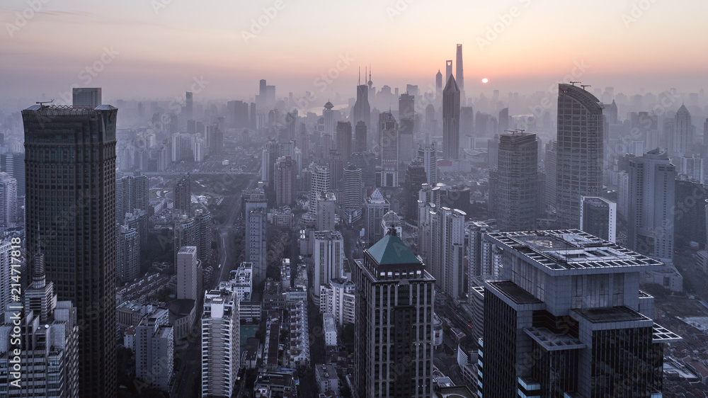 aerial view of shanghai city in foggy dawn