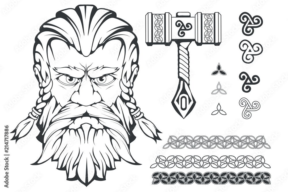 Scandinavian god of thunder and storm. Hand drawing of Thor's Head. The  hammer of Thor - mjolnir. Son of Odin. Cartoon bearded man character. Norse  mythology. Vector graphics to design Stock Vector |