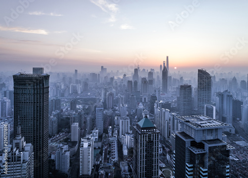 aerial view of shanghai city in foggy dawn