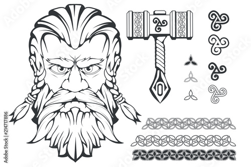 Scandinavian god of thunder and storm. Hand drawing of Thor's Head. The hammer of Thor - mjolnir. Son of Odin. Cartoon bearded man character. Norse mythology. Vector graphics to design photo