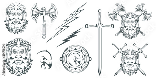 Zeus - the ancient Greek god of heaven, thunder and lightning. Greek mythology. Two-sided ax labrys and eagle. Olympian gods collection. Hand drawn Man Head. Bearded man. Vector graphics to design