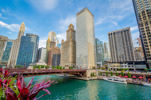 Skyscrapers along the Chicago River, in Chicago, Illinois photo