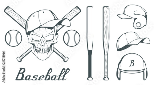Set of baseball player design elements. Hand drawn Baseball ball. Cartoon baseball helmet. Hand drawn Man Head. Baseball bat. Vector graphics to design