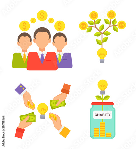 Charity Jar People with Money Vector Illustration