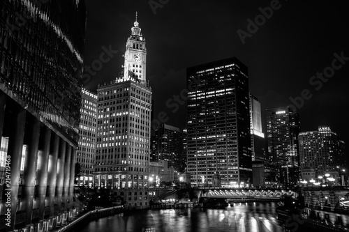 Skyscrapers along the Chicago River at night in Chicago  Illinois