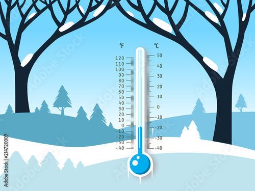 Winter Vector Frozen Landscape with Field Covered with Snow and Thermometer