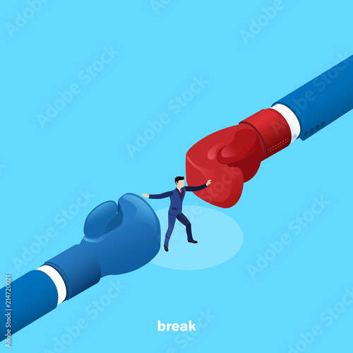 a man in a business suit makes two boxing gloves of opponents, an isometric image