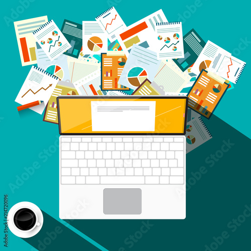 Paperwork Design with Laptop Computer and Coffee on Table. Vector Top View Illustration.